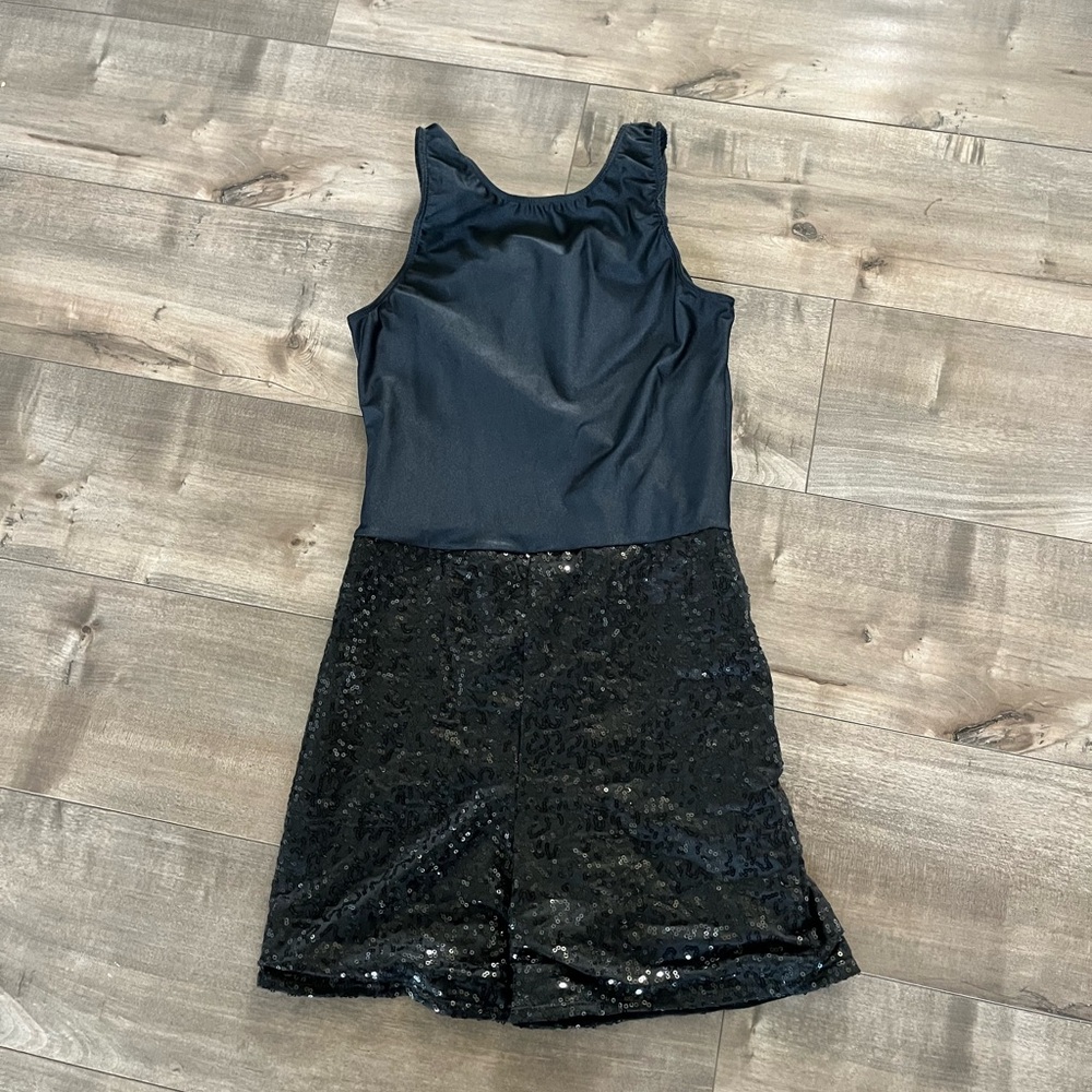 Teen girl dance costume. Sz adult small, black sequin leotard/hot pink jacket.